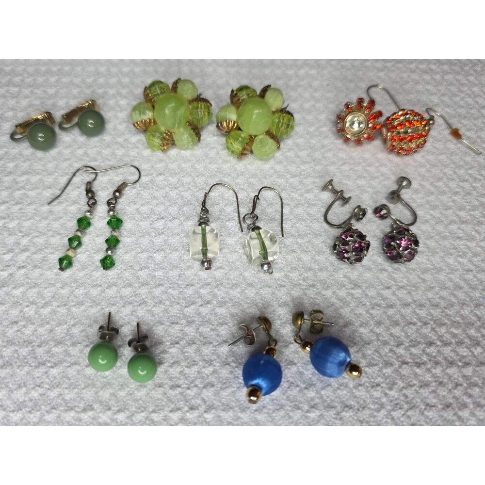 Costume Jewlery Earrings Lot of 8 Sets Rhinestone Beaded Clip Dangle Mix A5